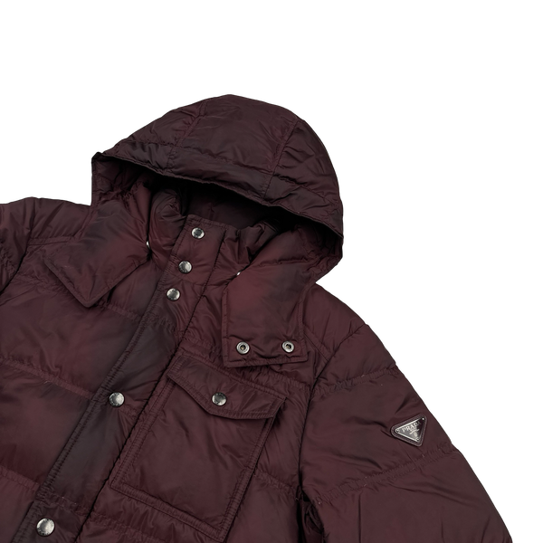 Prada Burgundy Triangle Logo Plaque Zipped Puffer Jacket - Medium