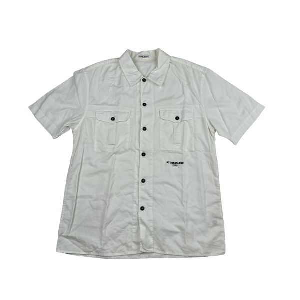 Stone Island 2004 White Cotton Spellout Short Sleeve Shirt - Large