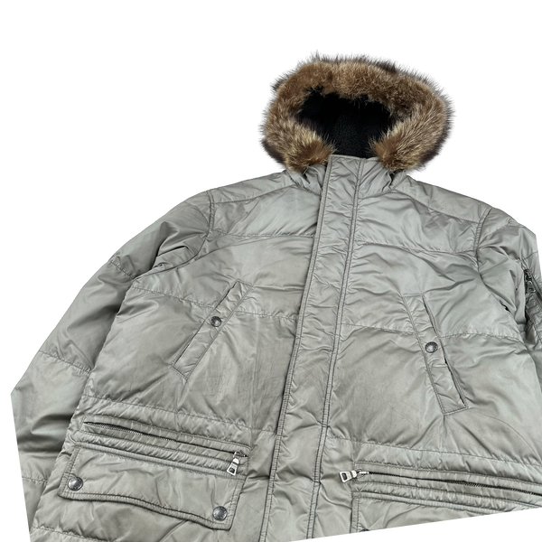 Prada Silver Coyote Fur Hood Black Tab Parka Jacket - Small