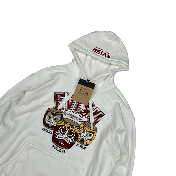 Evisu White Embroiderd Graphic Cotton Hoodie - Small