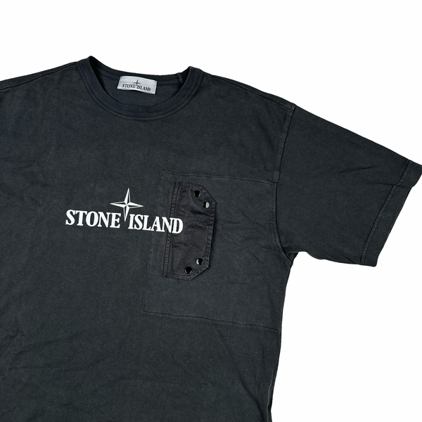 Stone Island 2024 Black Spellout Chest Pocket T Shirt - Small