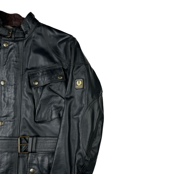 Belstaff Black Multi Pocket Field Leather Zipped Heavyweight Jacket - Small