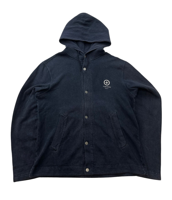 Stone Island Denims Navy Cotton Spellout Buttoned Hoodie - Large