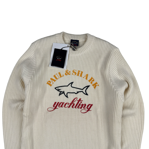 Paul & Shark Cream Ribbed Wool Blend Thick Knitted Crewneck Jumper - Large