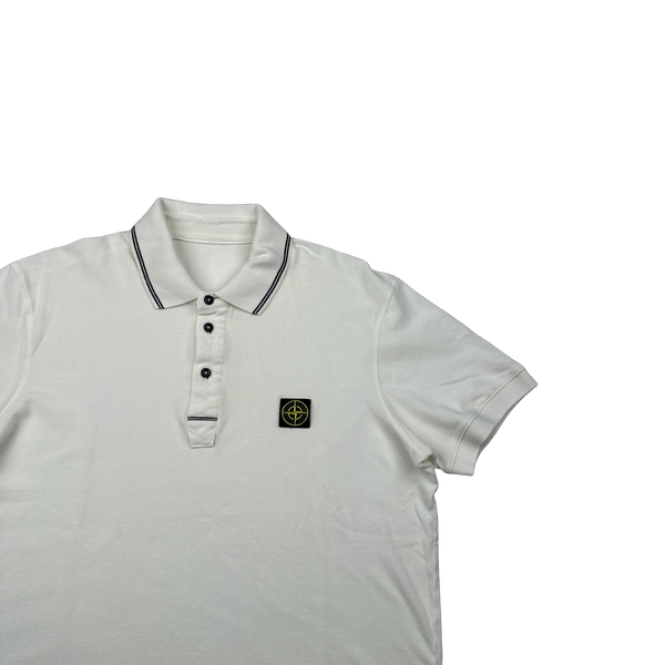 Stone Island White Spellout Compass Cotton Polo Shirt - Medium