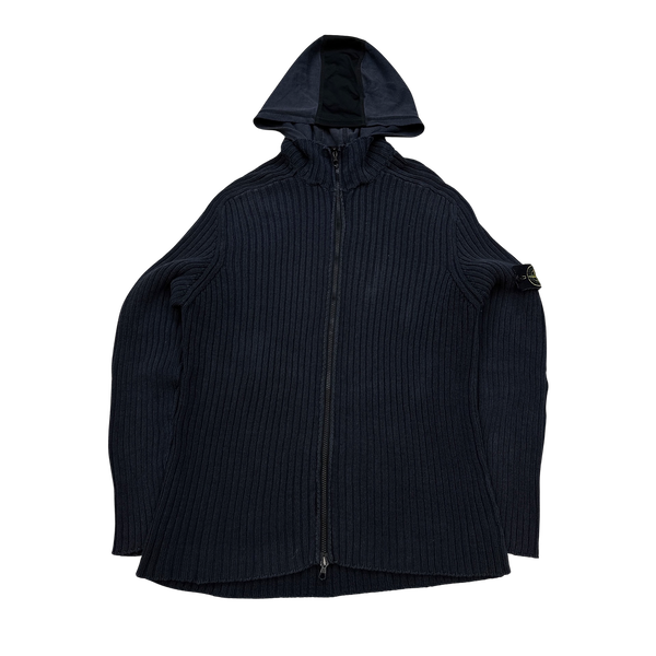 Stone Island Dark Navy Ribbed Knit Zipped Hooded Jumper - XXL