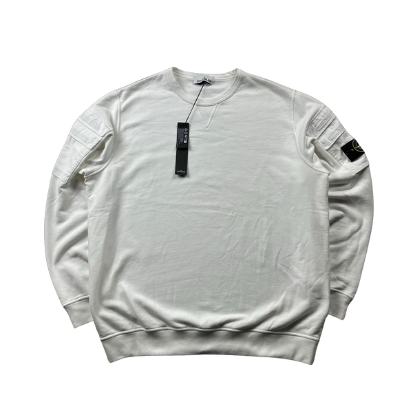 Stone Island 2023 White Cotton Thick Cargo Crewneck Jumper