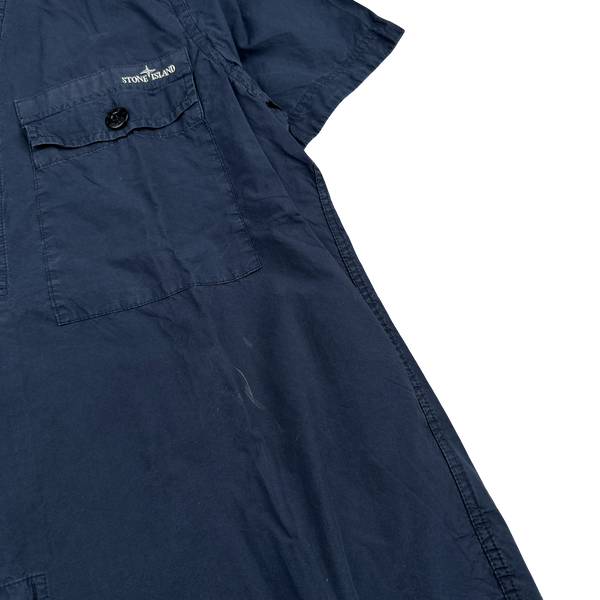Stone Island 2014 Navy Cotton Spellout Buttoned Short Sleeve Shirt - XL