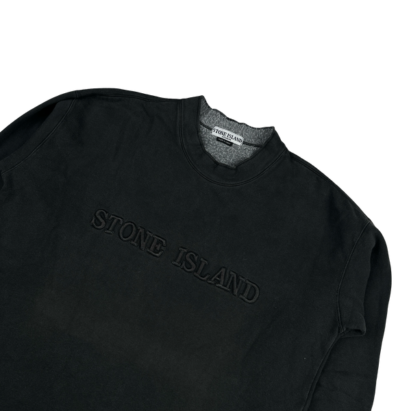 Stone Island 1990s Vintage Black Cotton Embroidered Spellout Pullover - Large