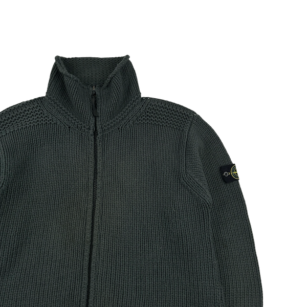Stone Island 2000s Vintage Dark Green Thick Wool Zipped Jumper - Large