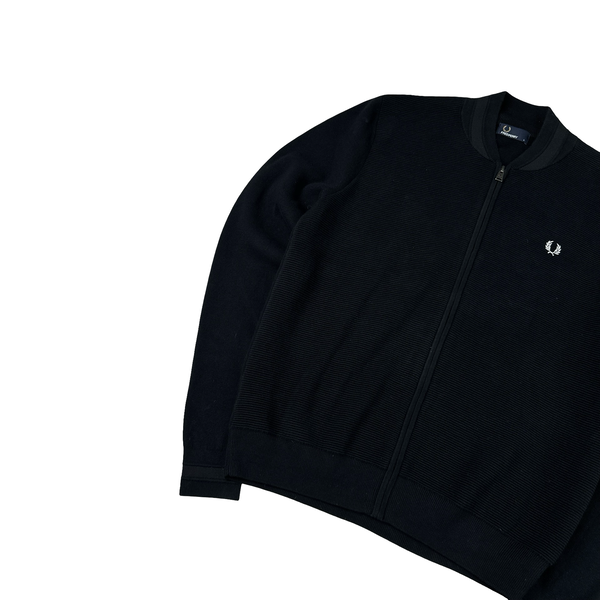 Fred Perry Black Zipped Ribbed Cotton Blend Crewneck Jumper - Large