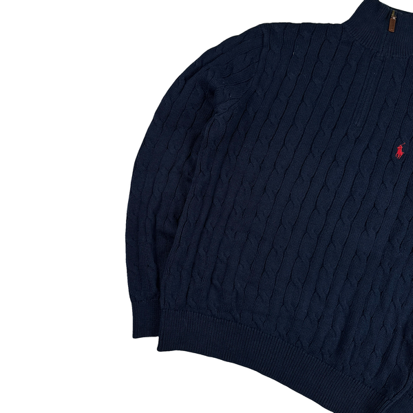 Ralph Lauren Navy Cotton Cable Knit Quarter Zip Jumper - Medium