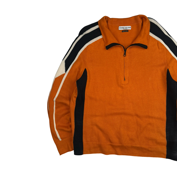 Stone Island 2004 Orange Cotton Knit Compass Quarter Zip Jumper - Medium