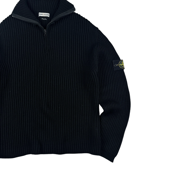 Stone Island 2001 Black Lana Wool Vintage Ribbed High Neck Jumper - XL