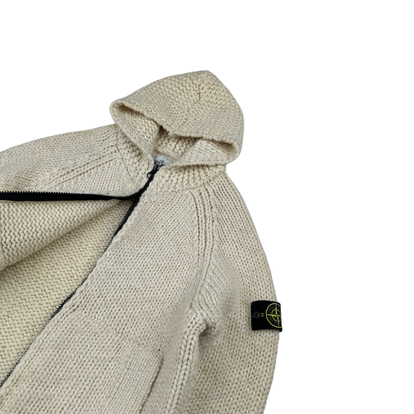 Stone Island 2022 Cream Heavyweight Lana Wool Knitted Zipped Hoodie - Large