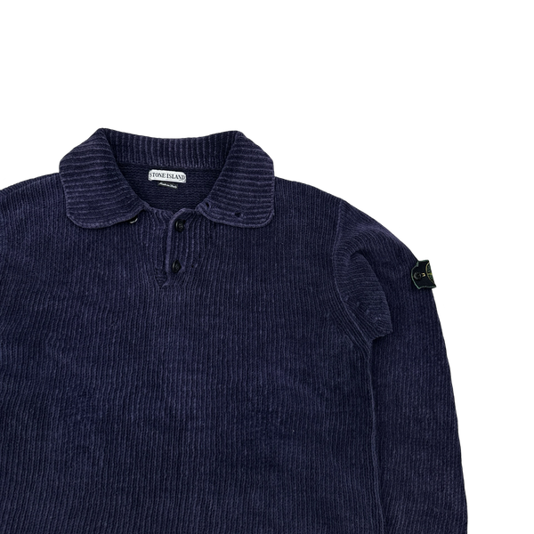 Stone Island 1998 Navy Vintage Cotton Chenille Knit Collared Jumper - XL