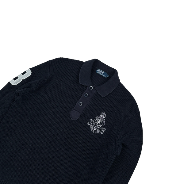 Ralph Lauren Navy Cotton Knit Quarter Button Embroidered Crest Jumper - Medium