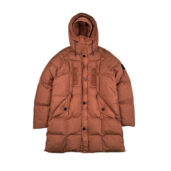 Stone Island 2019 Salmon Garment Dyed Crinkle Reps Long Puffer Jacket - Medium