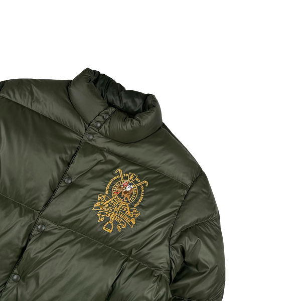 Ralph Lauren Khaki Green Down Filled Embroidered Spellout Puffer Jacket - XL