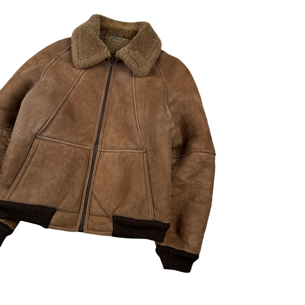 Vintage Beige Leather Lined Shearling Collar Bomber Jacket - Medium
