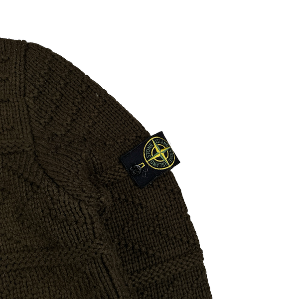 Stone Island 2009 Khaki Cotton Detailed Knit Pullover Hoodie - Small