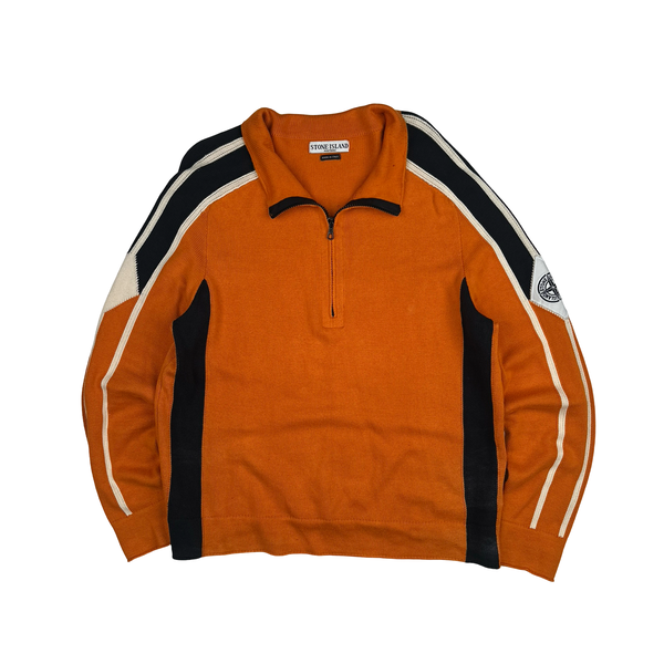 Stone Island 2004 Orange Cotton Knit Compass Quarter Zip Jumper - Medium