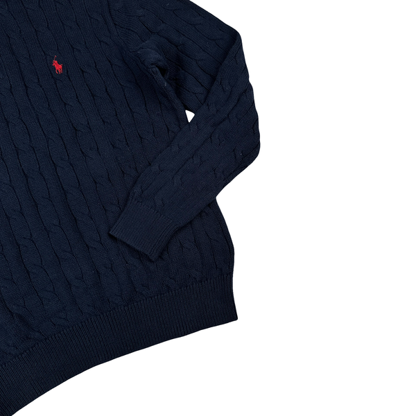 Ralph Lauren Navy Cotton Cable Knit Quarter Zip Jumper - Medium