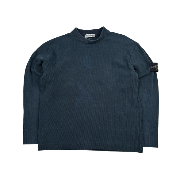 Stone Island 2002 Navy Blue Ribbed Cotton Blend Crewneck Jumper - Medium