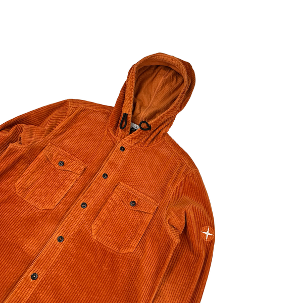 Stone Island 2019 Orange Hooded Corduroy Shirt - Medium