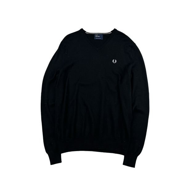 Fred Perry Black Wool V Neck Knit - Large