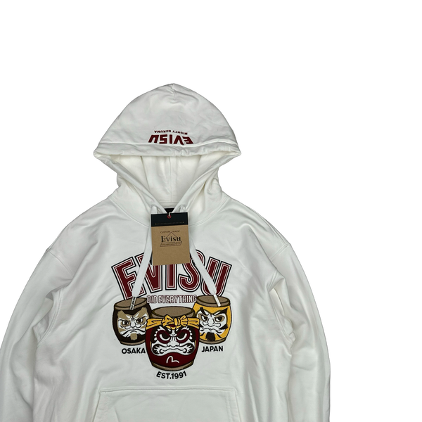 Evisu White Embroiderd Graphic Cotton Hoodie - Small