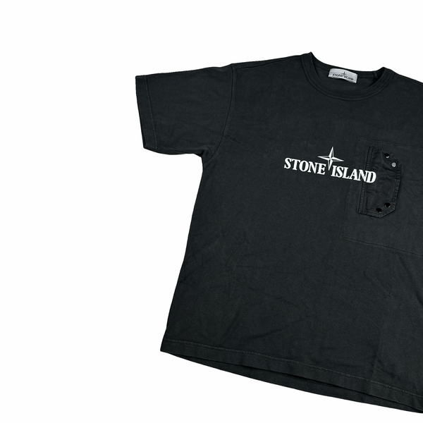 Stone Island 2024 Black Spellout Chest Pocket T Shirt - Small