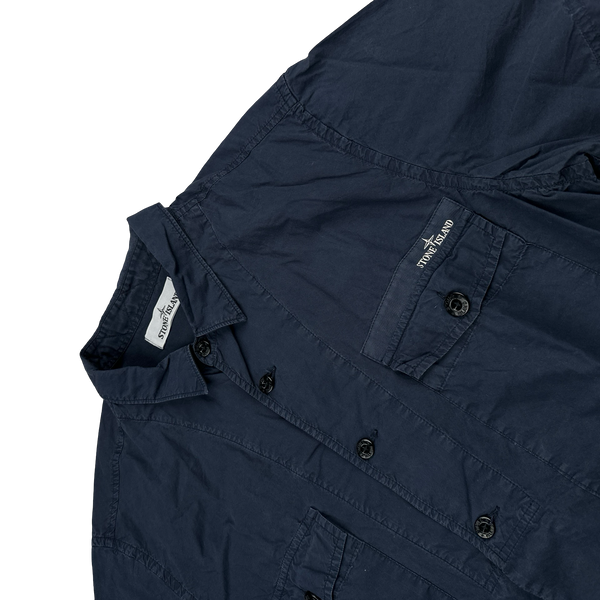 Stone Island 2014 Navy Cotton Spellout Buttoned Short Sleeve Shirt - XL