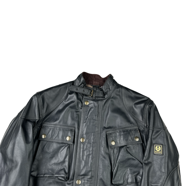 Belstaff Black Multi Pocket Field Leather Zipped Heavyweight Jacket - Small