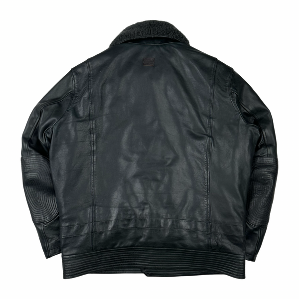 G Star Raw Black Leather Lined Shearling Collar Jacket - Medium