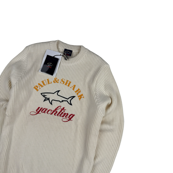 Paul & Shark Cream Ribbed Wool Blend Thick Knitted Crewneck Jumper - Large