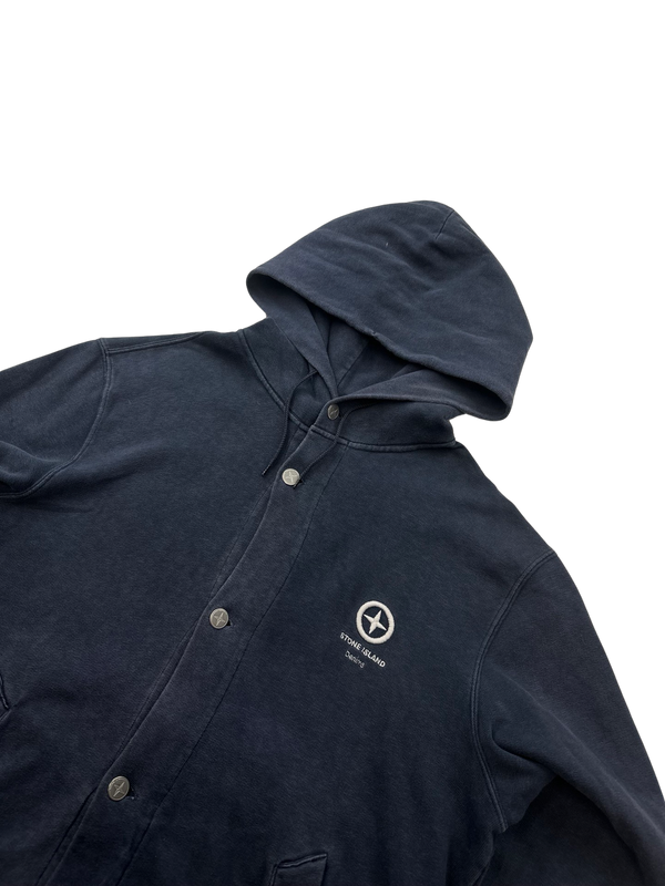 Stone Island Denims Navy Cotton Spellout Buttoned Hoodie - Large