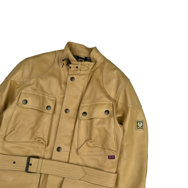 Belstaff Cream Multi Pocket Field Leather Zipped Heavyweight Jacket - Small