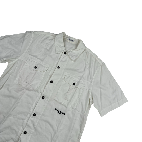 Stone Island 2004 White Cotton Spellout Short Sleeve Shirt - Large