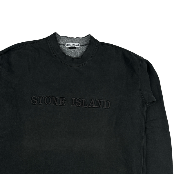 Stone Island 1990s Vintage Black Cotton Embroidered Spellout Pullover - Large