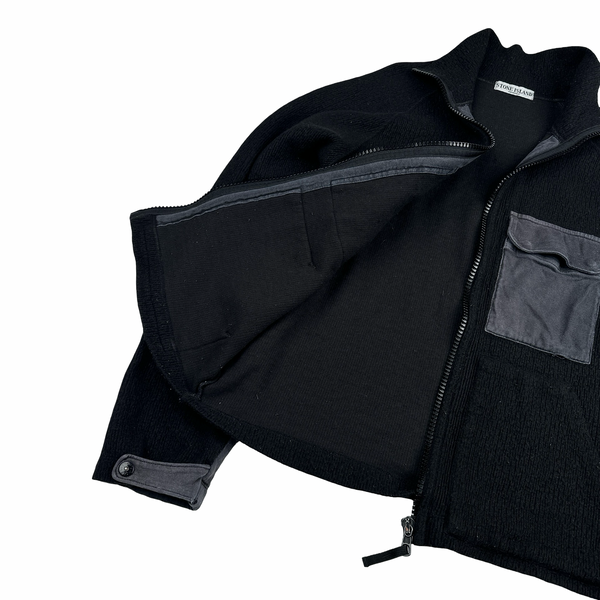 Stone Island 2003 Black Chest Pockets Zipped Knitted Jumper - XL