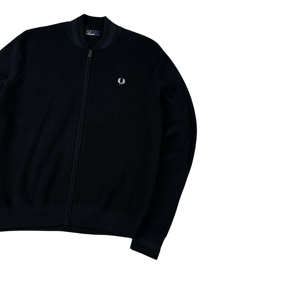 Fred Perry Black Zipped Ribbed Cotton Blend Crewneck Jumper - Large