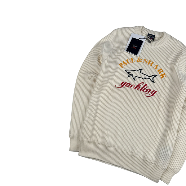 Paul & Shark Cream Ribbed Wool Blend Thick Knitted Crewneck Jumper - Large