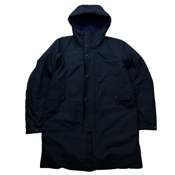 CP Company Navy Micro M Down Filled Lens Viewer Long Parka Jacket - Small