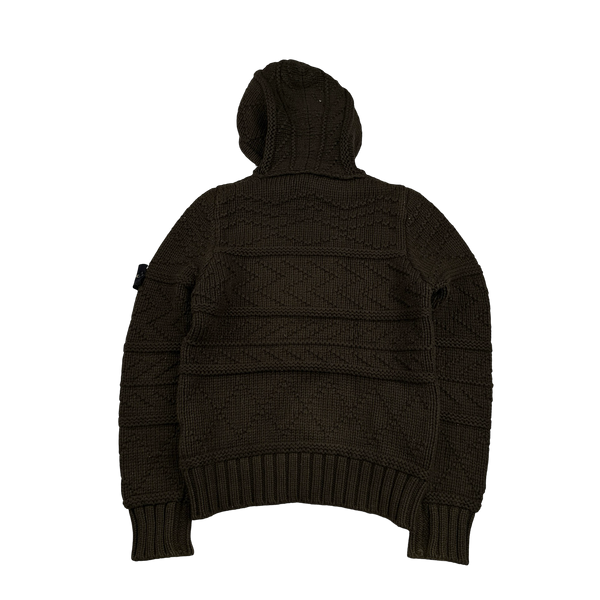 Stone Island 2009 Khaki Cotton Detailed Knit Pullover Hoodie - Small