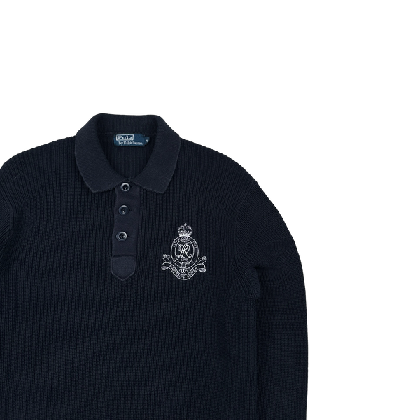 Ralph Lauren Navy Cotton Knit Quarter Button Embroidered Crest Jumper - Medium