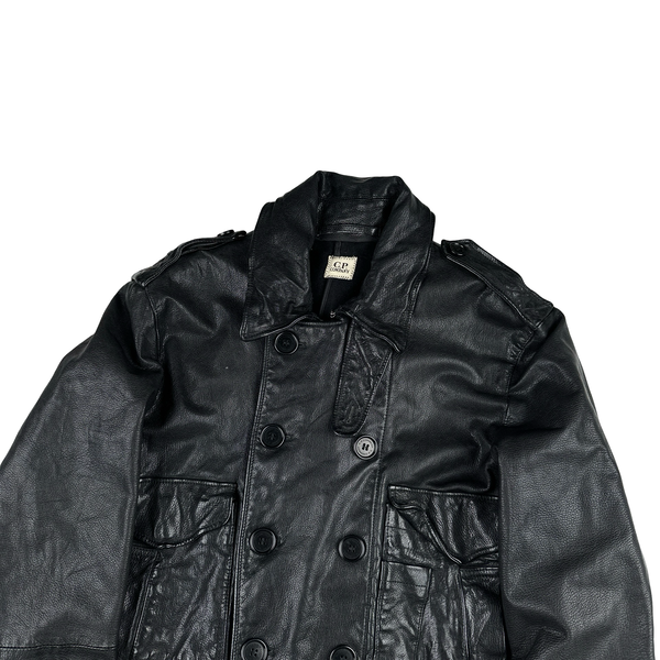 CP Company Vintage Black Heavyweight Leather Pea Jacket - XL