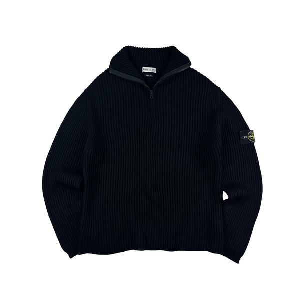 Stone Island 2001 Black Lana Wool Vintage Ribbed High Neck Jumper - XL