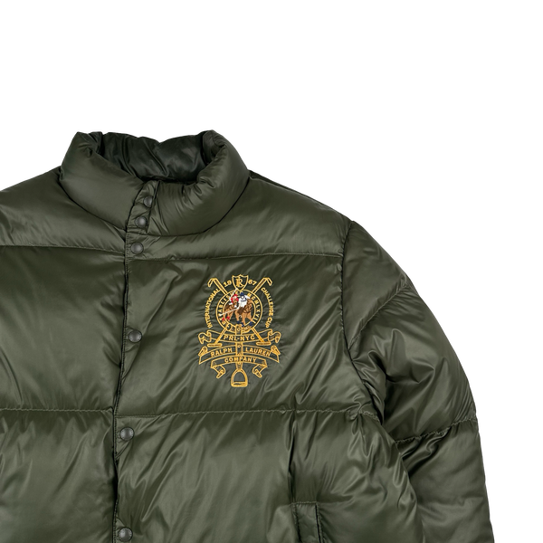 Ralph Lauren Khaki Green Down Filled Embroidered Spellout Puffer Jacket - XL