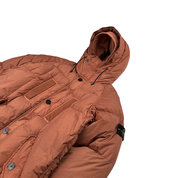 Stone Island 2019 Salmon Garment Dyed Crinkle Reps Long Puffer Jacket - Medium